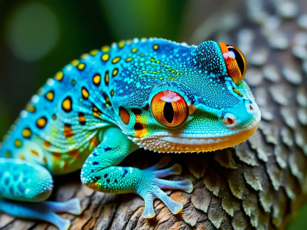 Un Tokay gecko exótico y colorido se aferra a la corteza de un árbol