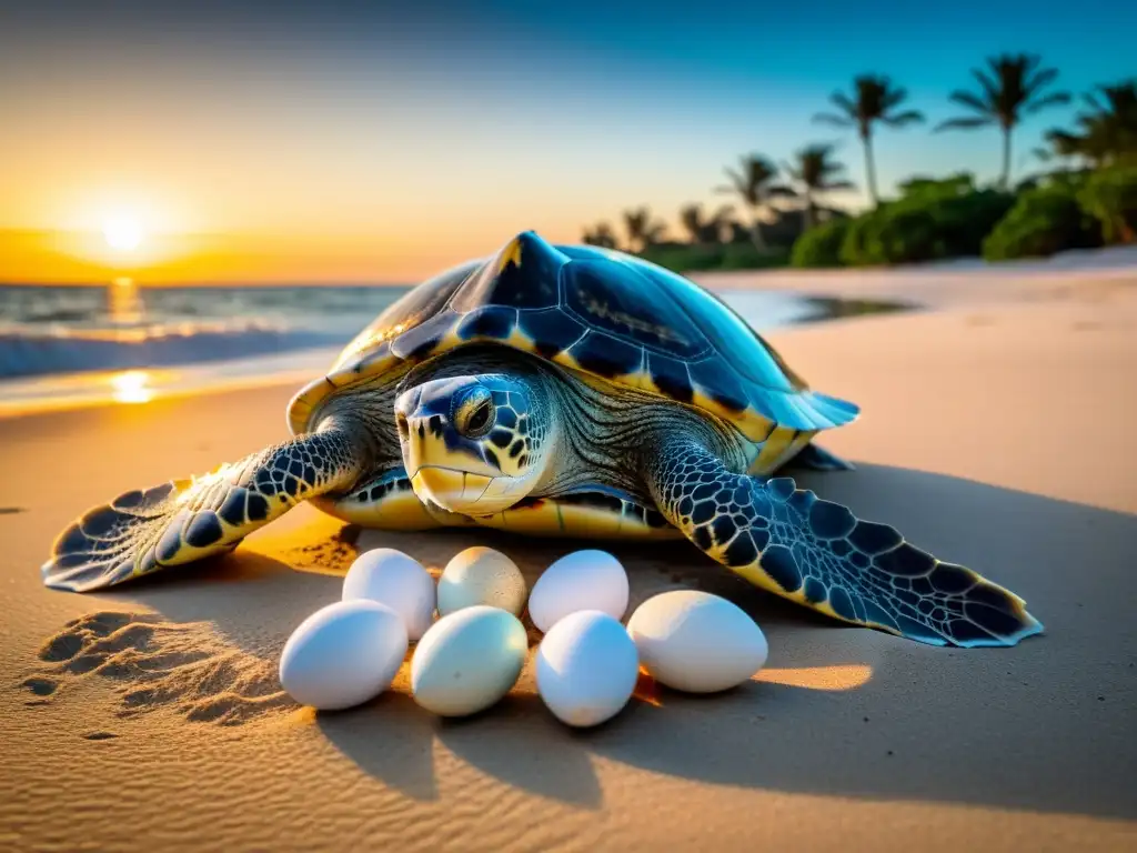 Una tortuga marina hembra adulta deposita sus huevos en la playa arenosa iluminada por la luna