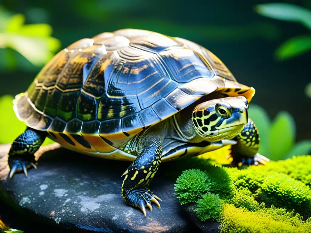 Una tortuga de agua dulce descansando en una roca cubierta de musgo en un arroyo cristalino, rodeada de vegetación exuberante y luz solar filtrada