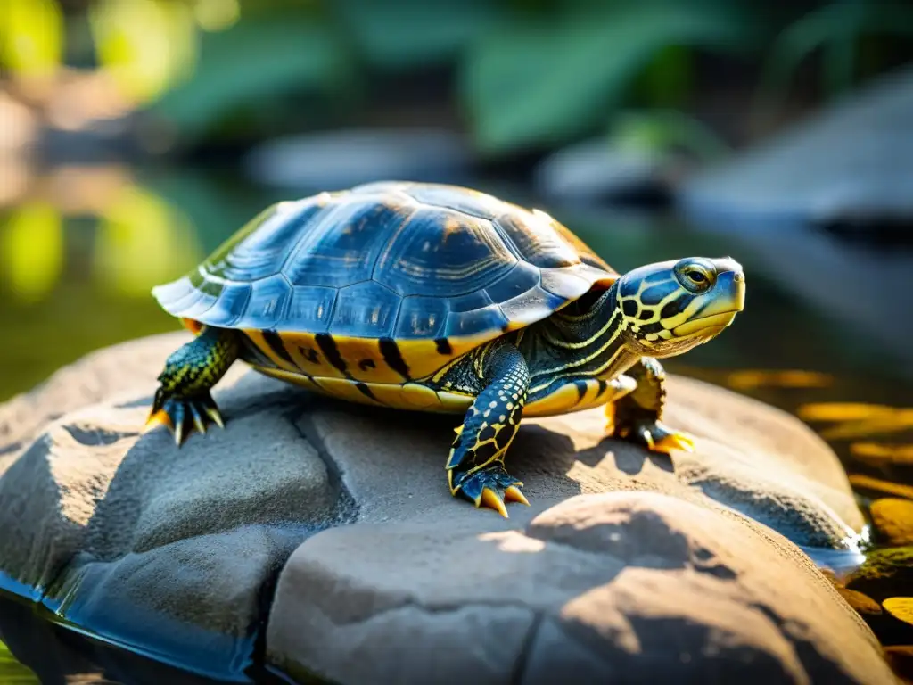 Una tortuga de agua dulce reposa en una roca iluminada por el sol en el borde de un río