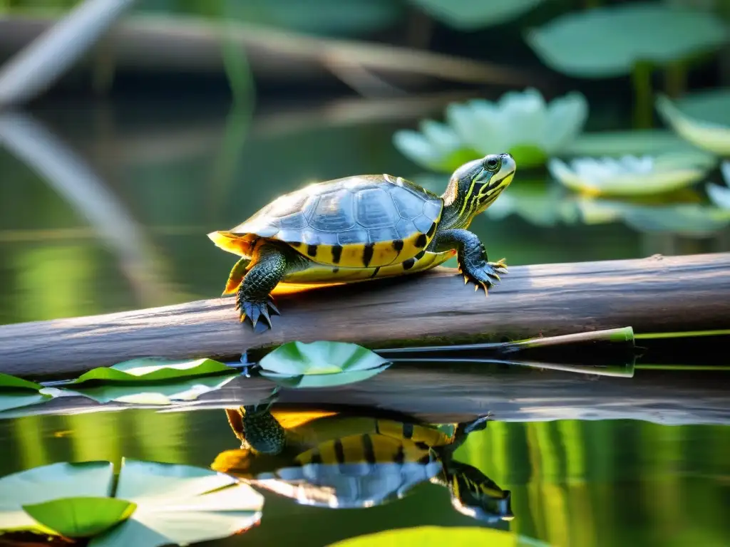 Una tortuga de agua dulce descansando en un tronco en un estanque sereno, rodeada de exuberante vegetación y nenúfares