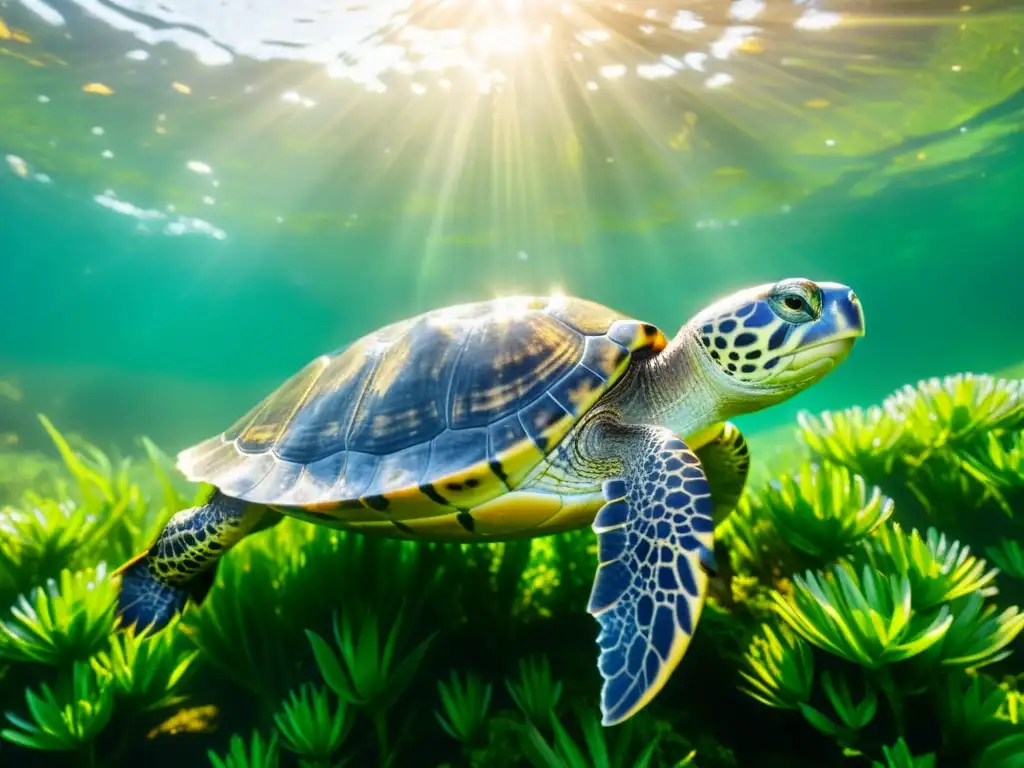 Una tortuga de agua nadando entre plantas acuáticas, con luz solar filtrándose a través del agua, destellos en su caparazón