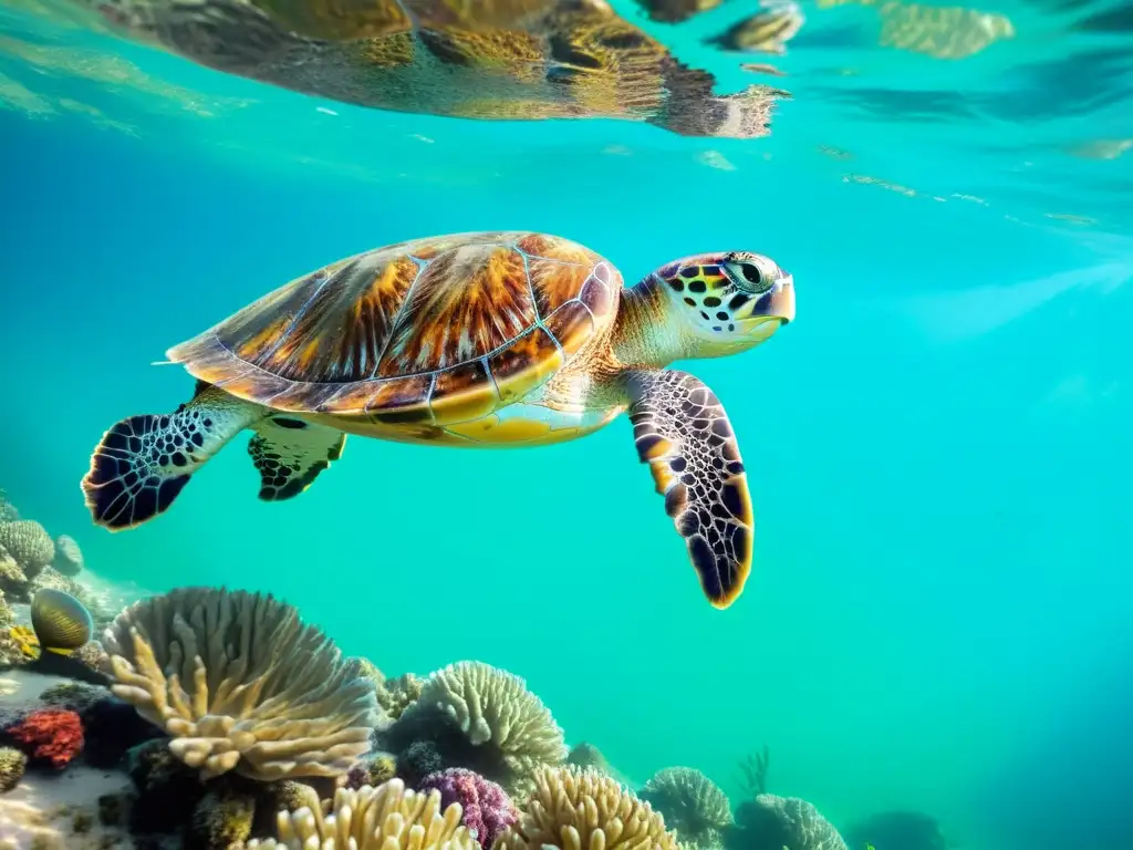 Una tortuga marina nada grácilmente en aguas cristalinas rodeada de vida marina variada