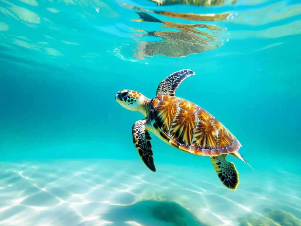 Una tortuga boba nada elegantemente en aguas turquesas, mostrando su adaptabilidad frente al peligro de aumento del nivel del mar