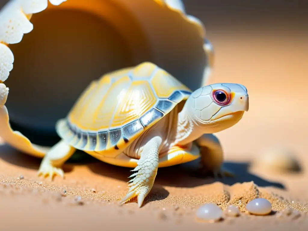 Emocionante eclosión de tortuga albina Tortuga albina cuidados y conservación: Cría emergiendo de su huevo con delicada concha translúcida, piel rosada y patrones de escamas