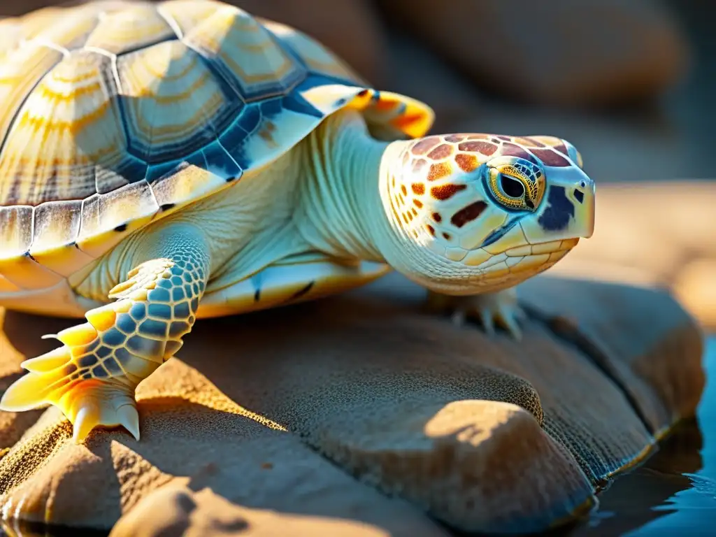 Albino turtle: belleza única bajo el sol Tortuga albina cuidados y conservación: Una tortuga albina vibrante descansando en una roca bañada por el sol, con su piel casi translúcida contrastando hermosamente con la superficie cálida y envejecida