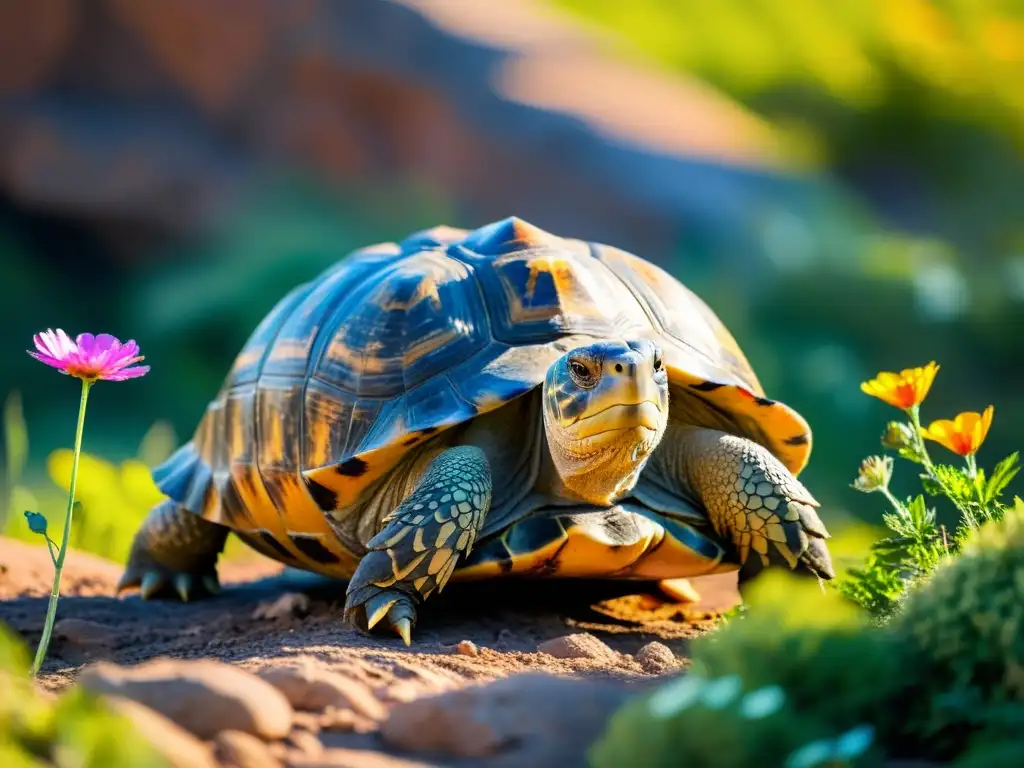 Una tortuga anciana disfruta del cálido sol sobre una formación rocosa, con su caparazón marcado por los años