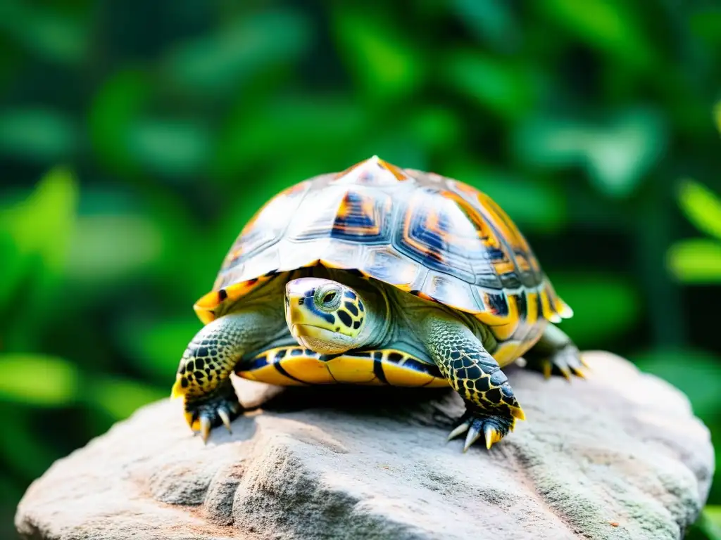 Una tortuga anciana disfruta del calor bajo una lámpara rodeada de exuberante vegetación, evocando serenidad y respeto por la vejez de los reptiles