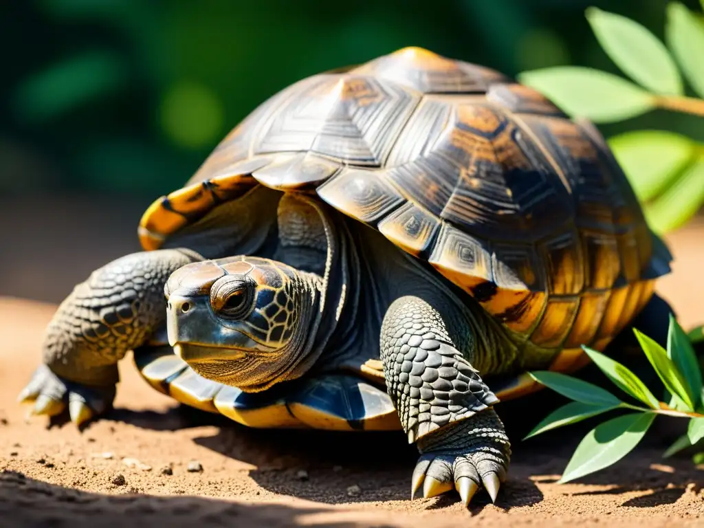 Una tortuga anciana y sabia, con patrones intrincados en su caparazón, contempla su hábitat natural mientras los rayos de sol crean sombras moteadas