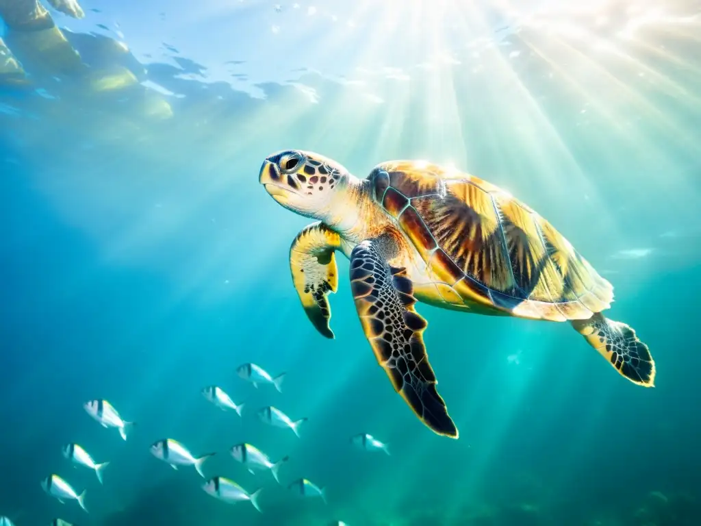 Una tortuga boba nada elegante entre peces brillantes en aguas cristalinas