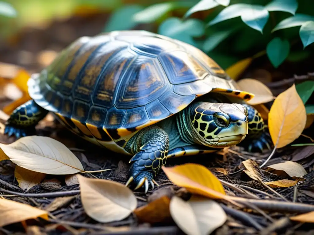 Una tortuga hibernando en el bosque, resaltando su caparazón y la calidez del entorno