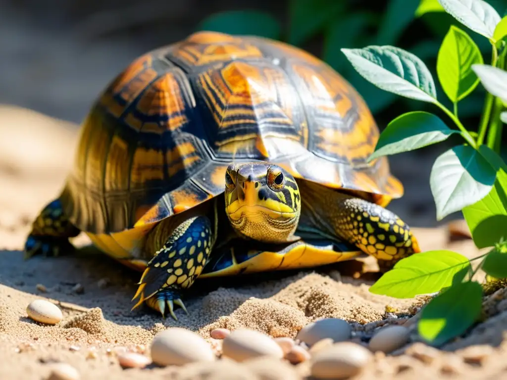 Una tortuga de caja hembra depositando huevos con determinación en su hábitat natural, rodeada de vegetación exuberante