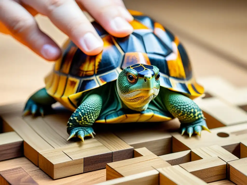 'Una tortuga resolviendo un complejo rompecabezas de madera, juguetes cognitivos para tortugas y lagartos'