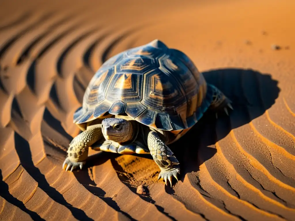 Una tortuga del desierto muestra sus adaptaciones de supervivencia en un paisaje árido y soleado, destacando su determinación y resistencia