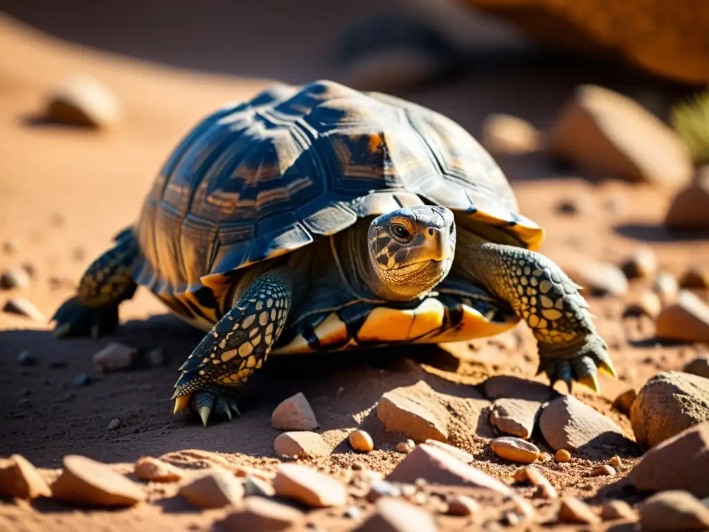 Un tortuga del desierto usando su aguda vista para moverse en terreno rocoso