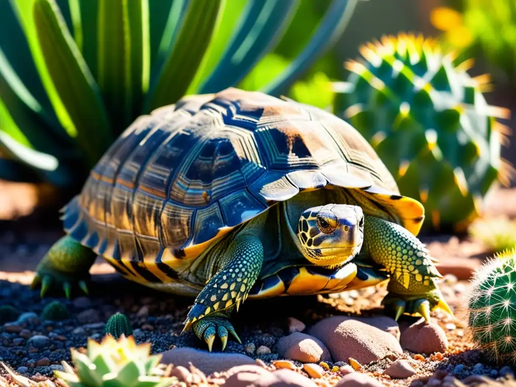 Una tortuga del desierto entre cactus, mostrando la relación simbiótica entre reptiles y plantas