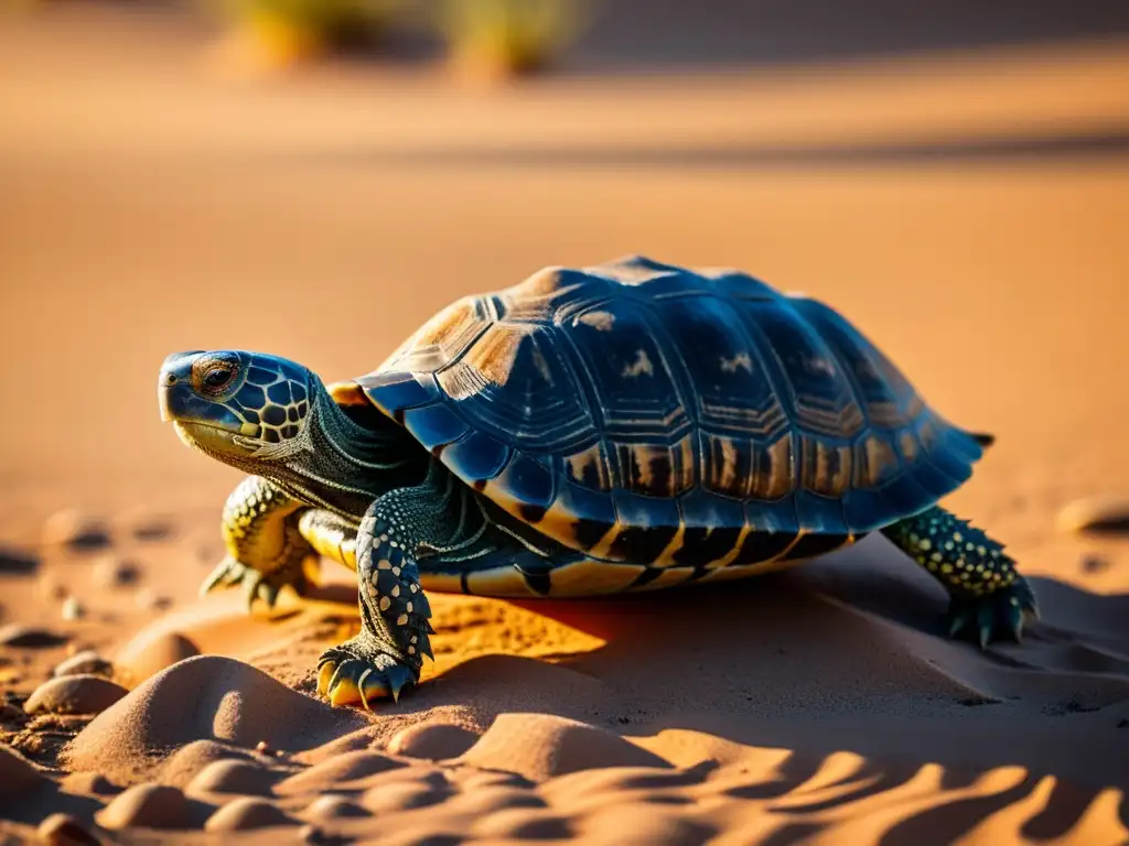 Una tortuga del desierto muestra la resiliencia de reptiles en variaciones climáticas mientras avanza lentamente bajo el sol abrasador