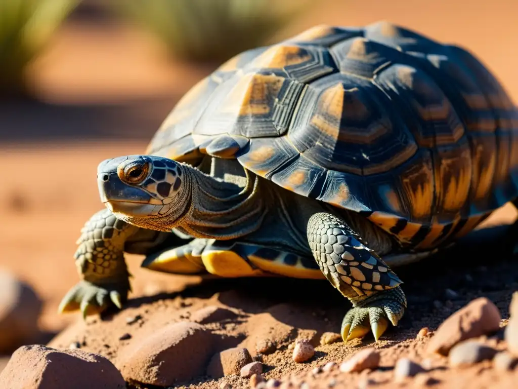 Una tortuga del desierto muestra resiliencia en variaciones climáticas, con su caparazón detallado y el paisaje árido al fondo