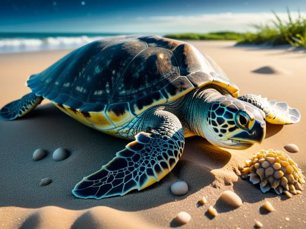 Una tortuga marina hembra realiza su desove en una playa iluminada por la luna, con el mar brillando bajo un cielo estrellado