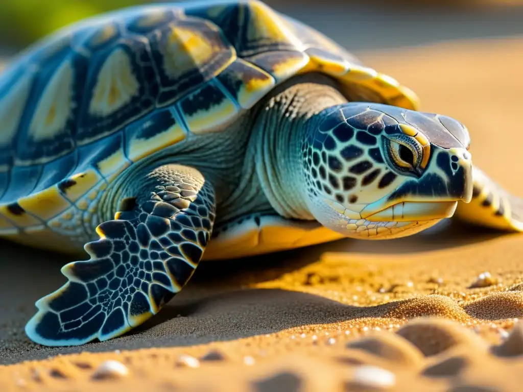 Una tortuga de espalda plana descansa en la playa, con su caparazón detallado y texturas visibles