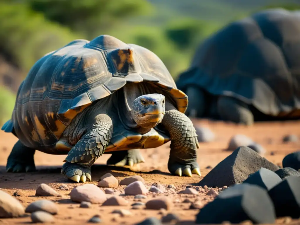 Una tortuga gigante de Galápagos, en un paisaje árido y rocoso, muestra la supervivencia de los reptiles en ecosistemas en peligro