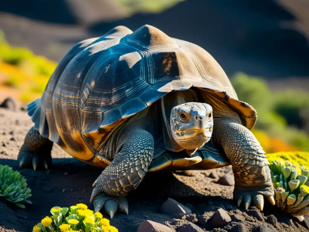 Una tortuga gigante de Galápagos avanza lentamente en un paisaje volcánico, rodeada de flora única y colorida