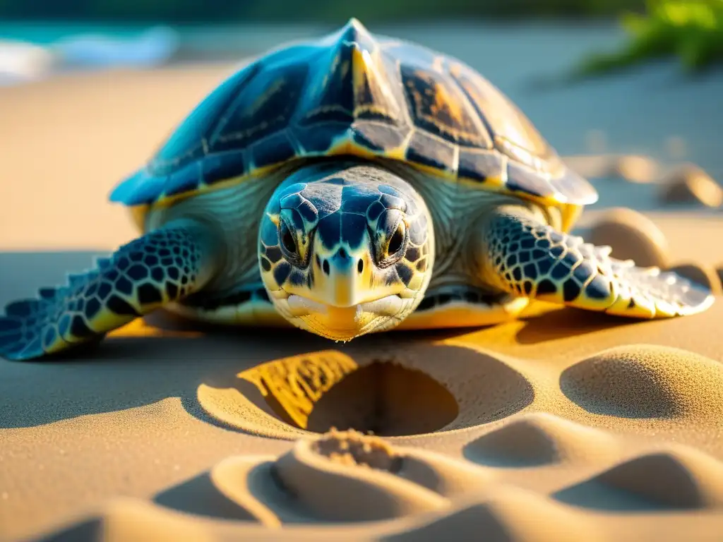 Una tortuga marina excava un hoyo en la arena al atardecer, preparándose para incubar sus huevos