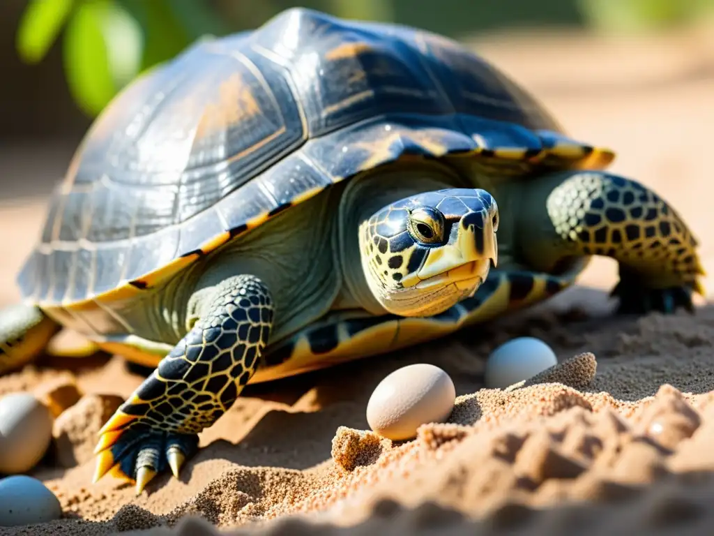 Una tortuga hembra deposita sus huevos en un nido de arena, con la luz del sol filtrándose entre los árboles