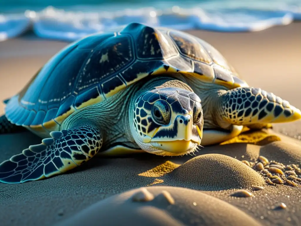 Una tortuga marina madre depositando sus huevos en la playa iluminada por la luna, en detalle ultrarrealista