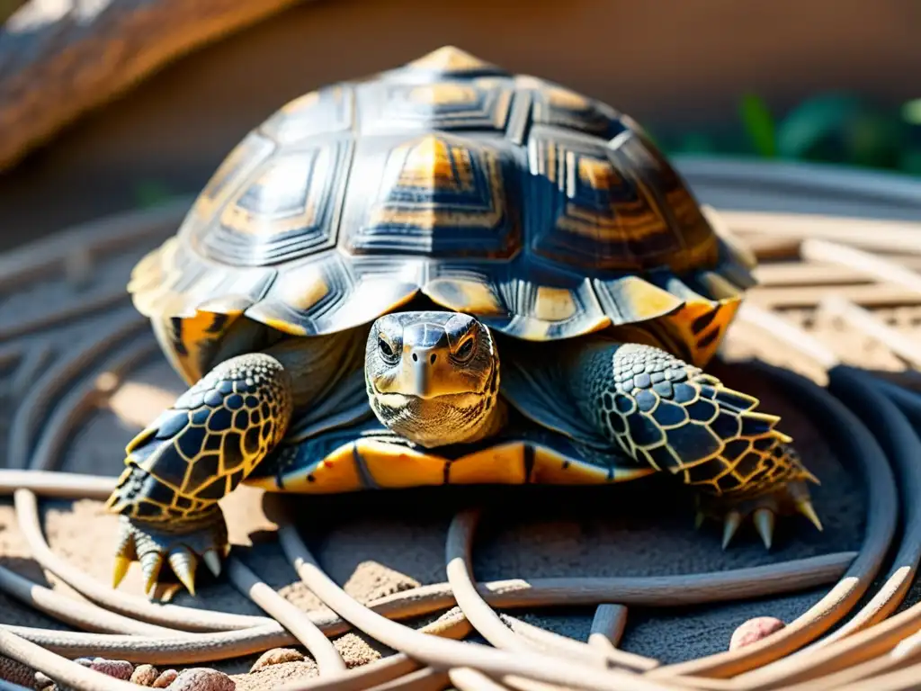 Una tortuga explorando un laberinto natural, juguetes cognitivos para tortugas y lagartos