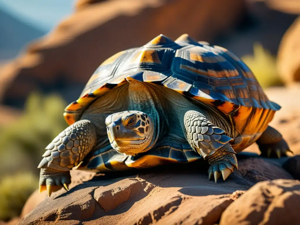 Una tortuga madura se acomoda al sol en una roca, con su caparazón desgastado y ojos sabios