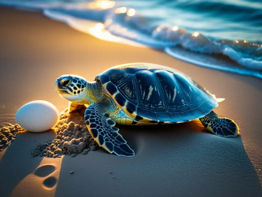 Una tortuga marina depositando huevos en la playa iluminada por la luna, resaltando los detalles de su caparazón