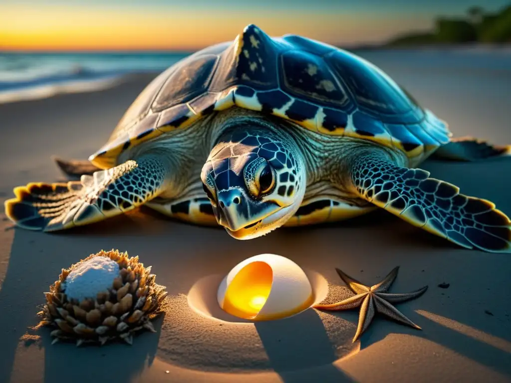 Una tortuga marina poniendo huevos en una playa iluminada por la luna, rodeada de depredadores naturales como mapaches, aves y cangrejos