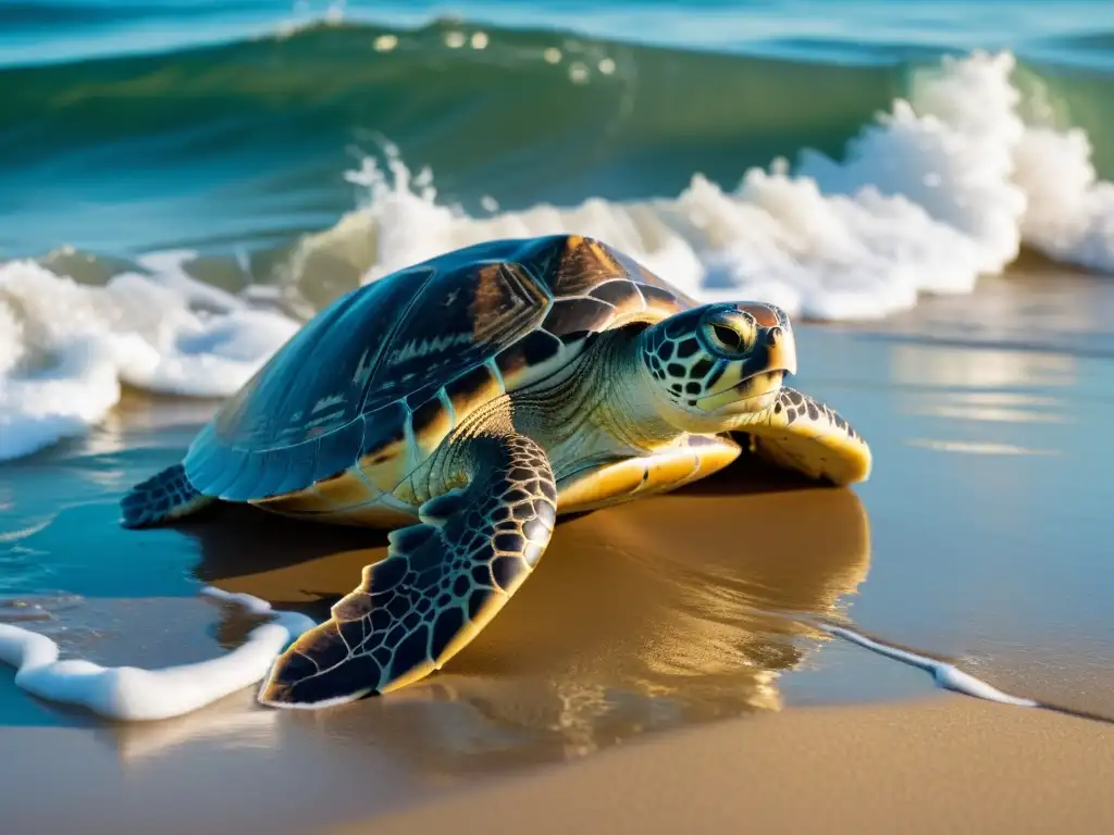 Una tortuga marina luchando por anidar en una playa en peligro por el aumento del nivel del mar, con olas poderosas impactando la costa