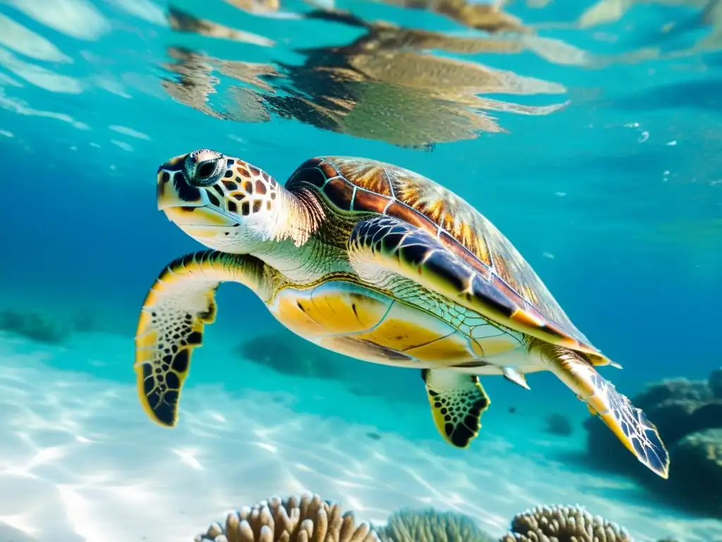 Una tortuga marina rehabilitada surca con gracia las aguas cristalinas, rodeada de un vibrante arrecife de coral