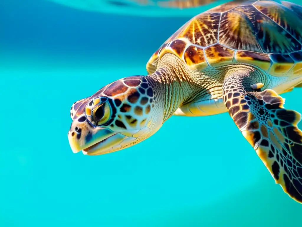 Una tortuga carey nada elegantemente en aguas turquesas cristalinas, mostrando sus patrones vibrantes y su caparazón intrincado