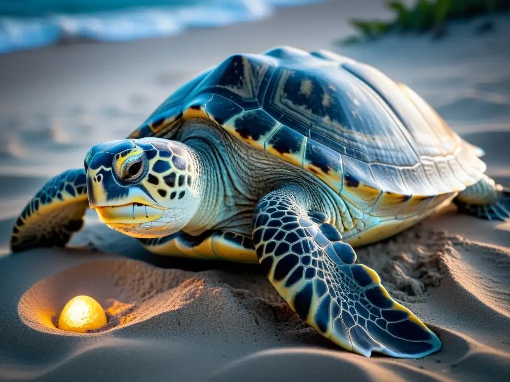 Una tortuga marina hembra excava su nido en la arena bajo la luz de la luna