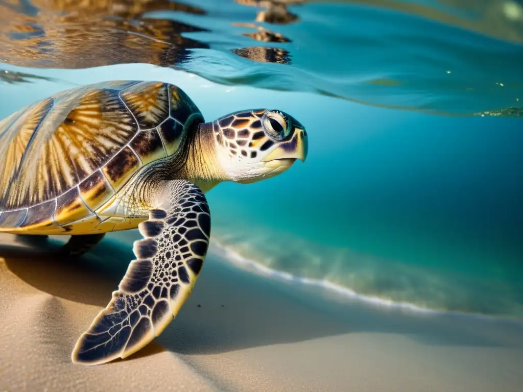 Una tortuga marina emerge del océano en la noche iluminada por la luna, comenzando su desove en la playa