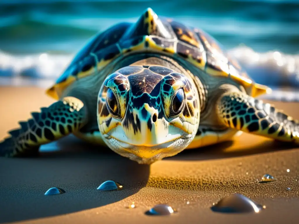 Una tortuga marina hembra emerge del océano por la noche, iluminada por la luna, para iniciar el arduo desove en la playa