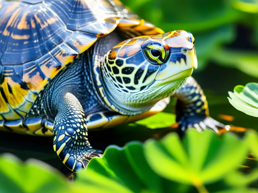 Una tortuga de orejas rojas, especie invasora, flota serena en un estanque rodeado de plantas acuáticas vibrantes