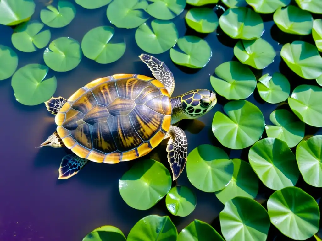 Una tortuga de orejas rojas, especie invasora, nada entre jacintos de agua