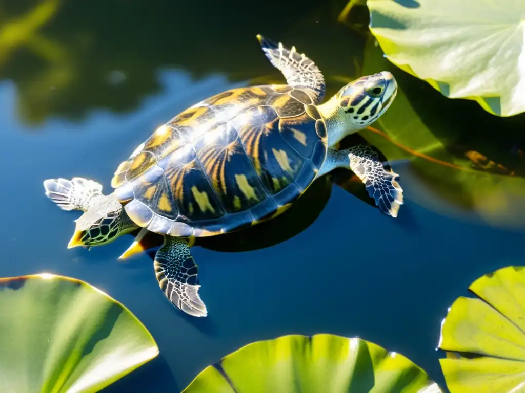 Una tortuga de orejas rojas nada en un estanque soleado, rodeada de plantas acuáticas y peces, mostrando un patrón intrincado en su caparazón