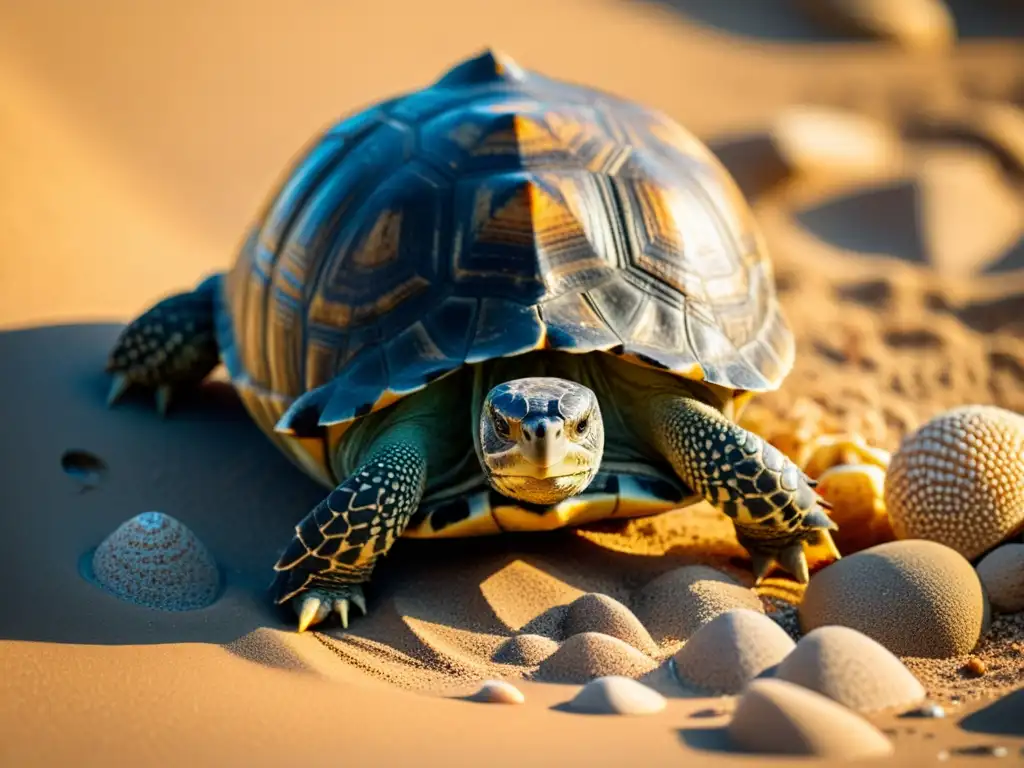 Una tortuga anidando en una playa de arena, con su caparazón detallado y el entorno iluminado por el sol