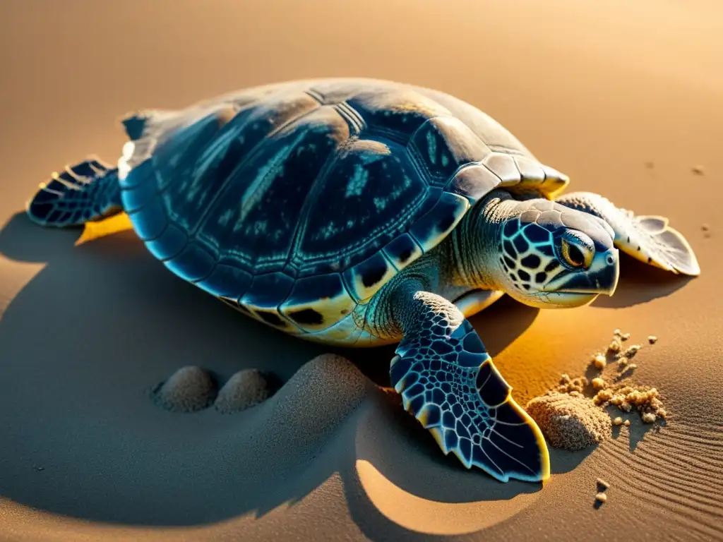 Una tortuga marina anida en la playa iluminada por la luna, reflejando la urgencia de Desafíos conservación tortugas futuro