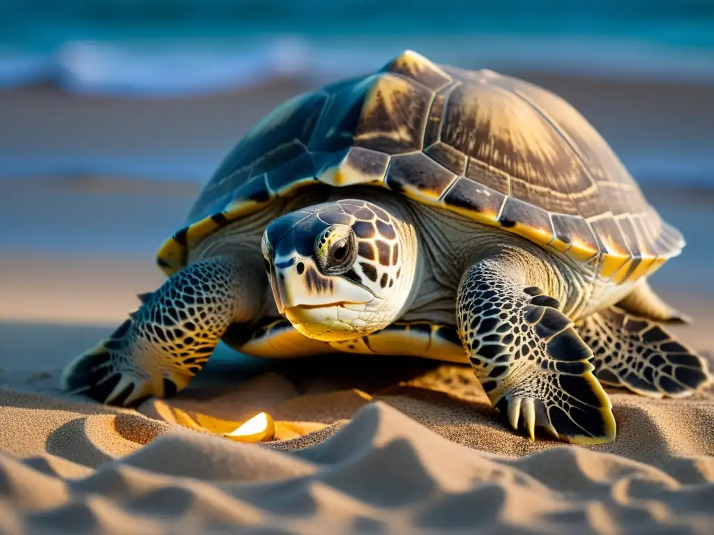 Tortuga anidando en la playa de noche, ocultando sus huevos mientras depredadores naturales de tortugas acechan en la penumbra