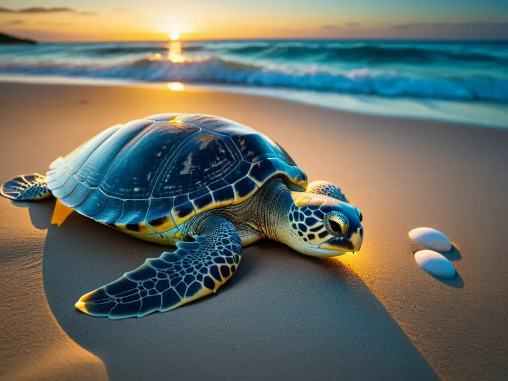 Una tortuga marina anidando en la playa de noche, iluminada por la luna con el océano de fondo