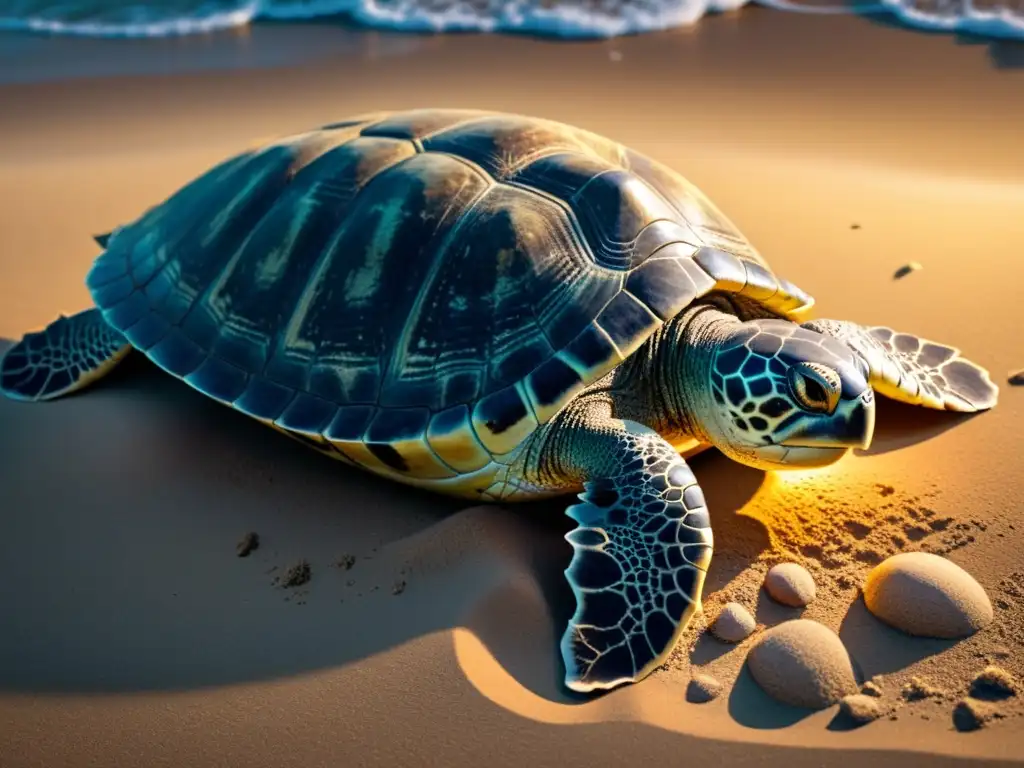 Una tortuga marina anidando en la playa de noche, iluminada por la luz de la luna