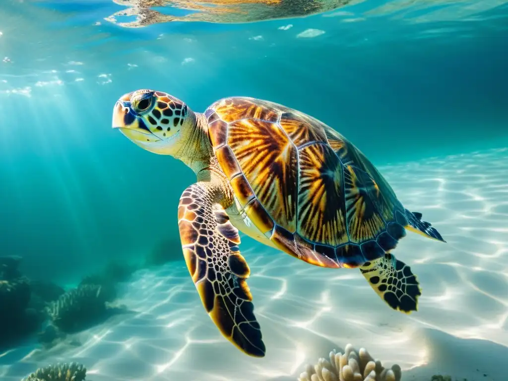 Una tortuga marina navega con precisión en aguas cristalinas, capturando la gracia de estas criaturas marinas