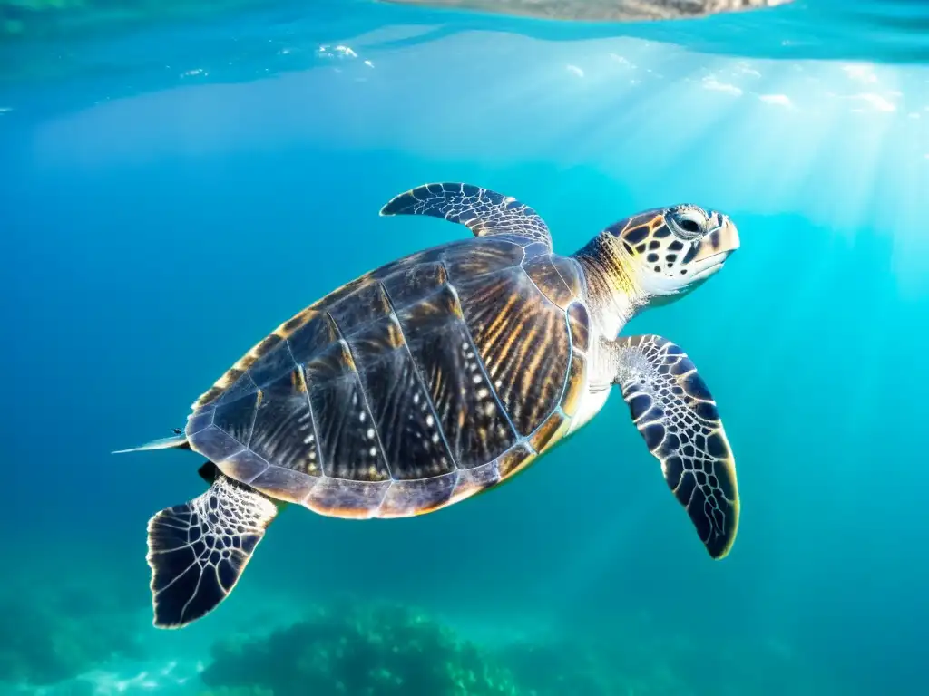 Una tortuga marina rara nada grácilmente en aguas cristalinas, rodeada de peces y coral vibrante, revelando su caparazón único y patrón distintivo