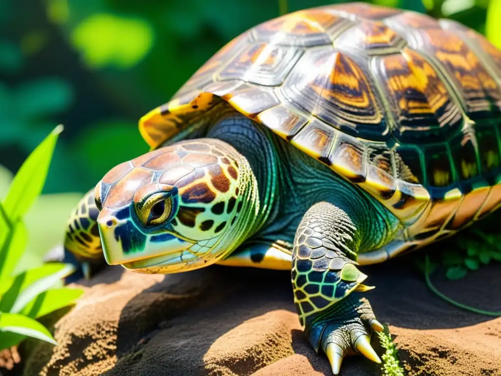 Una tortuga rehabilitada descansa entre la vegetación, con patrones verdes y marrones en su caparazón